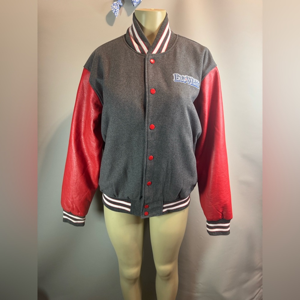 Mens M Varsity Cheerleader Letterman Jacket Red Sleeves PAC WEST National Champ